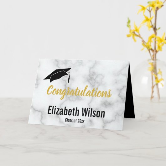 Gefeliciteerd Faux wit marmer Afstuderen naam Kaart (Gele Bloem)