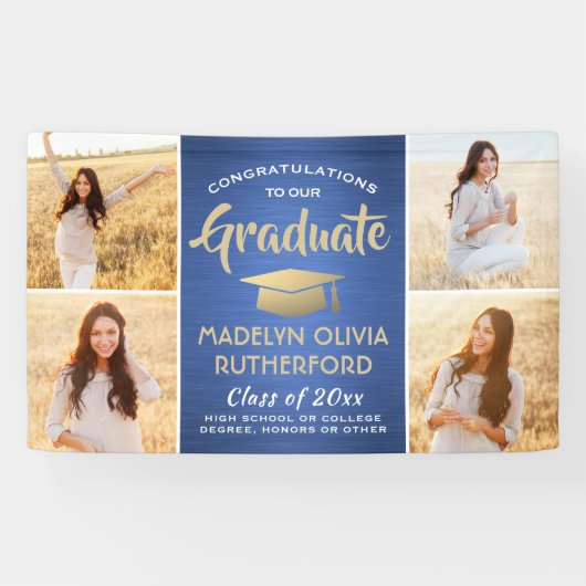 Gefeliciteerd Foto Blue Gold en White Afstuderen Spandoek (Horizontaal)