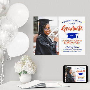 Gefeliciteerd Foto Oranje Blauw en Wit Afstuderen Poster