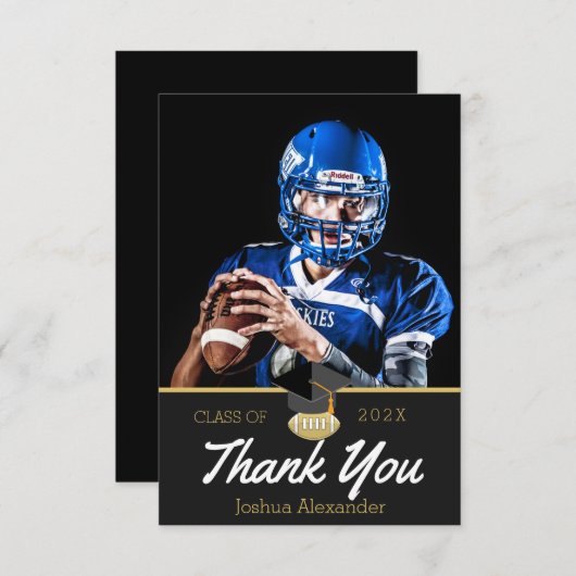 Gefeliciteerd fotospeler met Football afstuderen Bedankkaart (Voorkant / Achterkant)