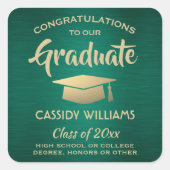 Gefeliciteerd Geborsteld Groen en Goud Afstuderen Vierkante Sticker (Voorkant)