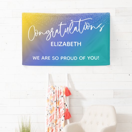 Gefeliciteerd Geel, Blauw & Blauwgroen Ombre Spandoek (Insitu)