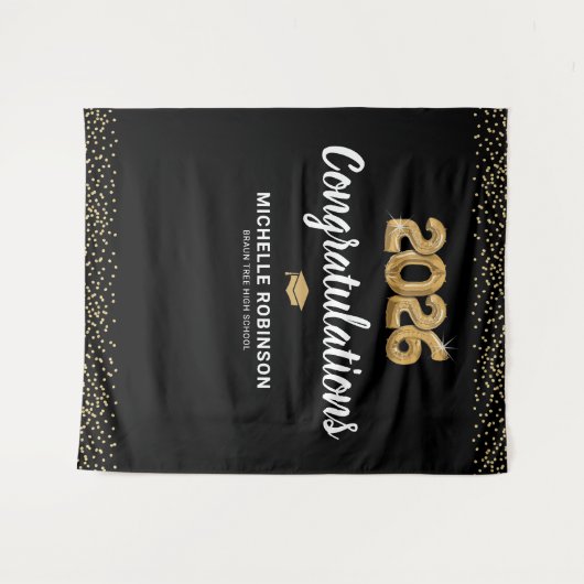 Gefeliciteerd Geslaagd 2025 Zwart Gouden Feest Wandkleed (Voorkant (horizontaal))