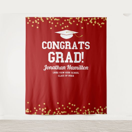 Gefeliciteerd Geslaagd Rood Gouden Afstudeerfeest Wandkleed (Voorkant)