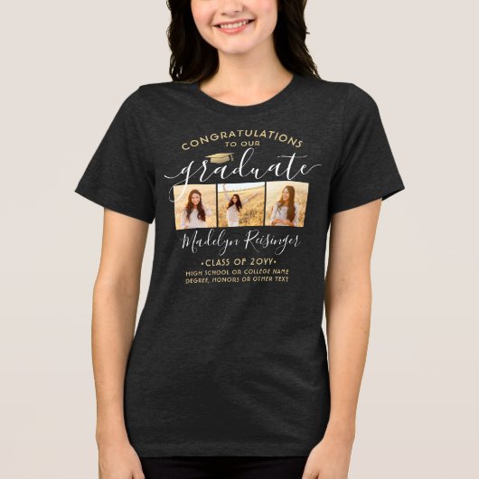 Gefeliciteerd Geslaagd Script 3 Foto Afstuderen Tri-Blend Shirt (Voorkant)