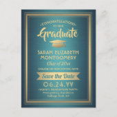 Gefeliciteerd Geslaagd Teal & Goud Datum Bewaren F Aankondigingskaart (Voorkant)