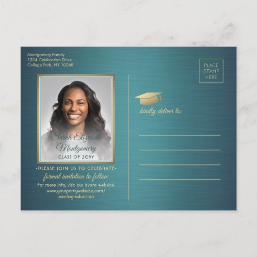 Gefeliciteerd Geslaagd Teal & Goud Datum Bewaren F Aankondigingskaart (Achterkant)