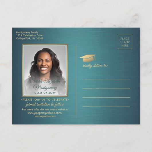 Gefeliciteerd Geslaagd Teal & Goud Datum Bewaren F Aankondigingskaart (Achterkant)