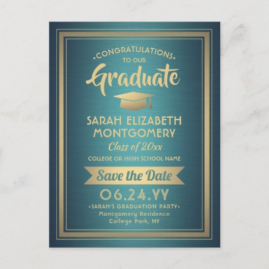 Gefeliciteerd Geslaagd Teal & Goud Datum Bewaren F Aankondigingskaart (Voorkant)