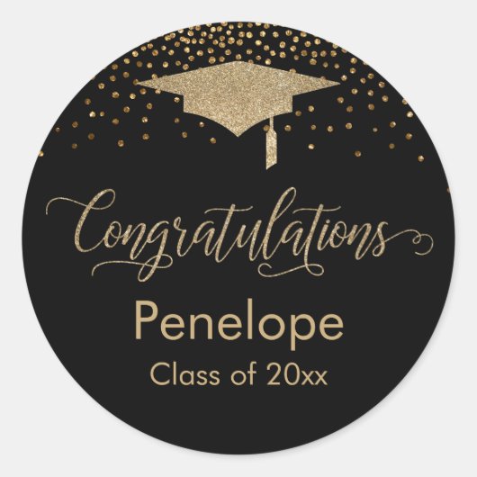 Gefeliciteerd Gold Confetti Afstuderen Black Ronde Sticker (Voorkant)