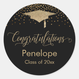 Gefeliciteerd Gold Confetti Afstuderen Black Ronde Sticker