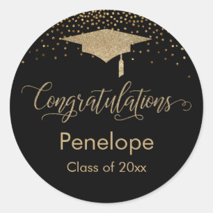 Gefeliciteerd Gold Confetti Afstuderen Black Ronde Sticker