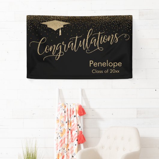 Gefeliciteerd Gold Confetti Afstuderen Black Spandoek (Insitu)