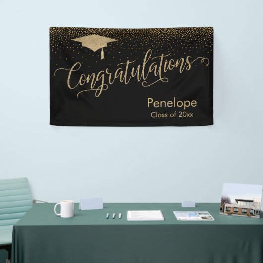 Gefeliciteerd Gold Confetti Afstuderen Black Spandoek (Beurs)