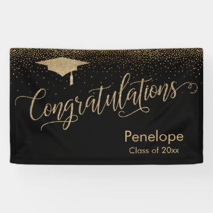 Gefeliciteerd Gold Confetti Afstuderen Black Spandoek