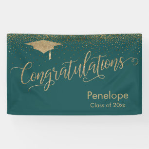 Gefeliciteerd Gold Confetti Afstuderen Blauwgroen Spandoek