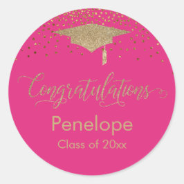 Gefeliciteerd Gold Confetti Afstuderen Hot Pink Ronde Sticker