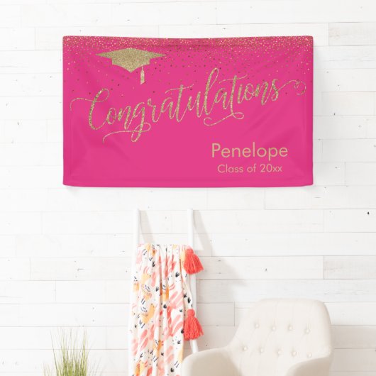 Gefeliciteerd Gold Confetti Afstuderen Hot Pink Spandoek (Insitu)