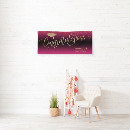 Gefeliciteerd Gold Confetti Afstuderen Hot Pink Spandoek (Insitu)