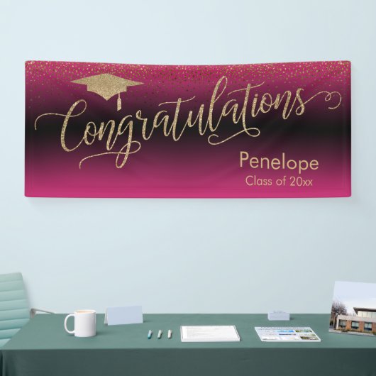 Gefeliciteerd Gold Confetti Afstuderen Hot Pink Spandoek (Beurs)