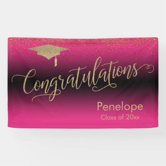 Gefeliciteerd Gold Confetti Afstuderen Hot Pink Spandoek (Horizontaal)
