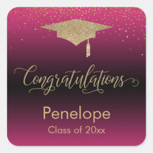 Gefeliciteerd Gold Confetti Afstuderen Hot Pink Vierkante Sticker