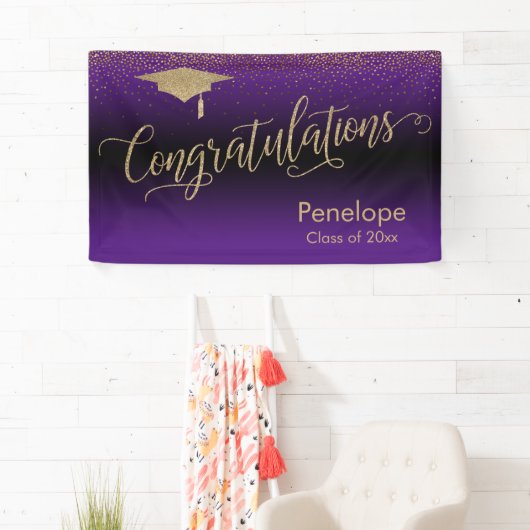 Gefeliciteerd Gold Confetti Afstuderen Paars Spandoek (Insitu)