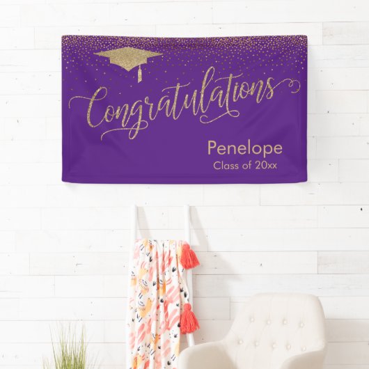 Gefeliciteerd Gold Confetti Afstuderen Paars Spandoek (Insitu)