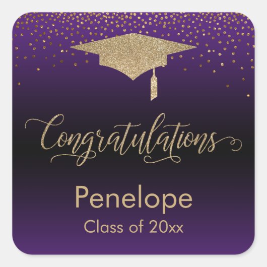 Gefeliciteerd Gold Confetti Afstuderen Paars Vierkante Sticker (Voorkant)