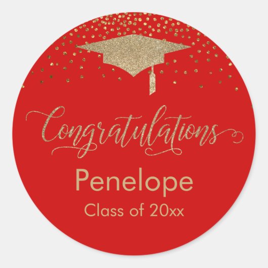Gefeliciteerd Gold Confetti Afstuderen Red Ronde Sticker (Voorkant)
