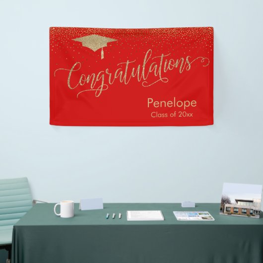Gefeliciteerd Gold Confetti Afstuderen Red Spandoek (Beurs)