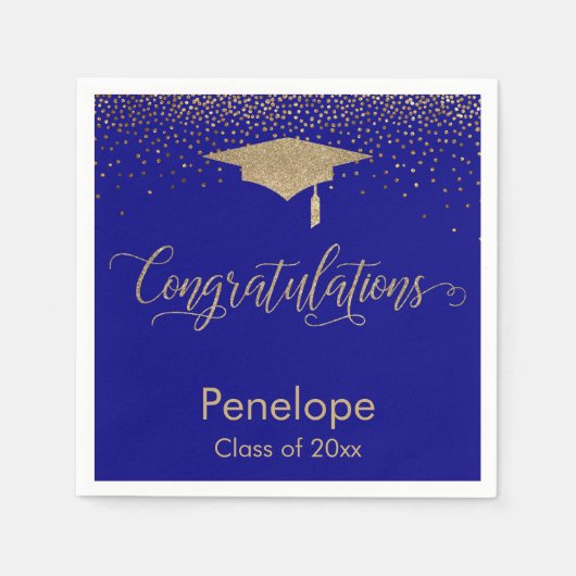 Gefeliciteerd Gold Confetti Graduation Cap Blauw Servet (Voorkant)