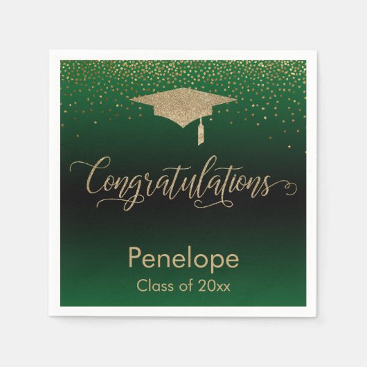 Gefeliciteerd Gold Confetti Graduation Cap Groen Servet (Voorkant)