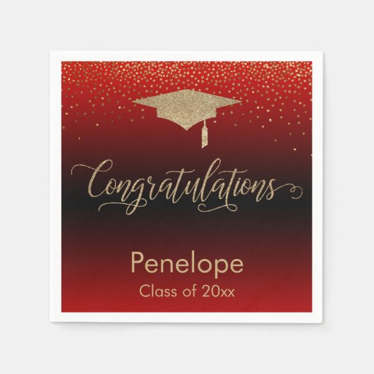 Gefeliciteerd Gold Confetti Graduation Cap Red Servet (Voorkant)