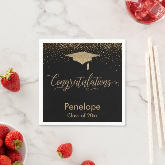 Gefeliciteerd Gold Confetti Graduation Cap Zwart Servet (Insitu)