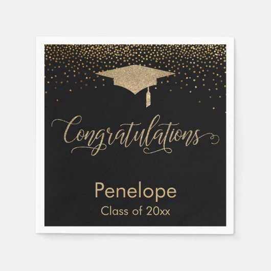 Gefeliciteerd Gold Confetti Graduation Cap Zwart Servet (Voorkant)