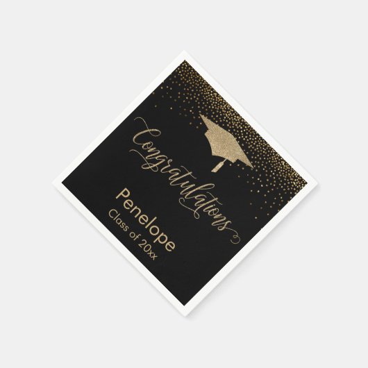 Gefeliciteerd Gold Confetti Graduation Cap Zwart Servet (Hoek)