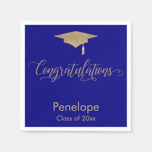 Gefeliciteerd Gold Glitter Graduation Cap, Blauw Servet (Voorkant)