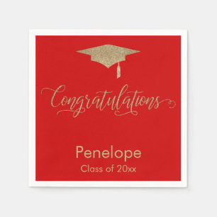 Gefeliciteerd Gold Glitter Graduation Cap, rood Servet