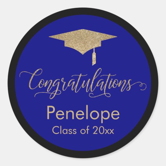 Gefeliciteerd Gold Graduation Cap Blauw Ronde Sticker (Voorkant)