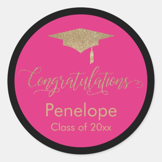 Gefeliciteerd Gold Graduation Cap Hot Pink Ronde Sticker (Voorkant)