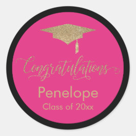 Gefeliciteerd Gold Graduation Cap Hot Pink Ronde Sticker