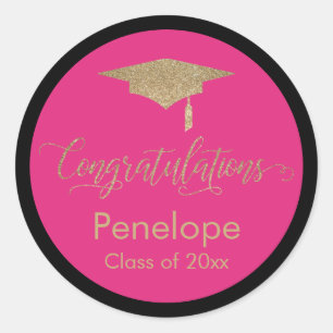 Gefeliciteerd Gold Graduation Cap Hot Pink Ronde Sticker