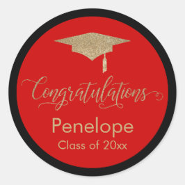 Gefeliciteerd Gold Graduation Cap Rood Ronde Sticker