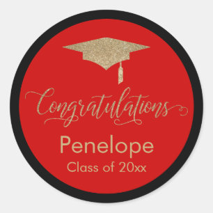 Gefeliciteerd Gold Graduation Cap Rood Ronde Sticker