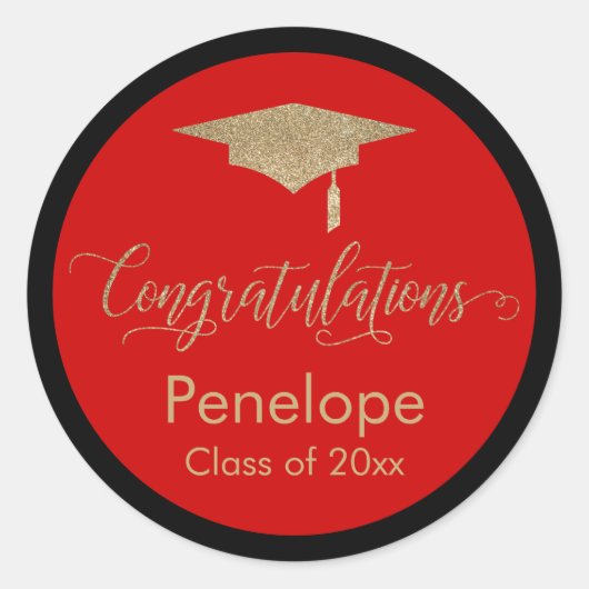 Gefeliciteerd Gold Graduation Cap Rood Ronde Sticker (Voorkant)