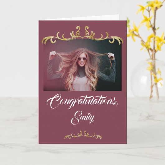 Gefeliciteerd Gold Ornament Foto Afstuderen Kaart (Gele Bloem)