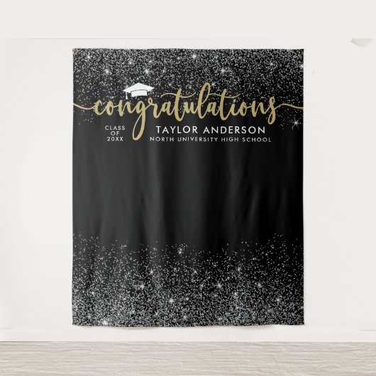 Gefeliciteerd Gold Script Black Graduation Party Wandkleed (Voorkant)