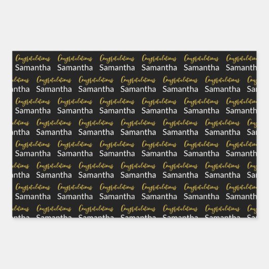 Gefeliciteerd Gold Script Zwart en Wit Naam Inpakpapier Vel (Voorkant)