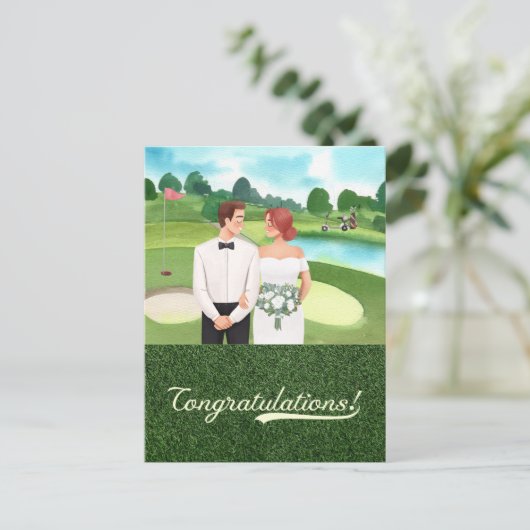 Gefeliciteerd Golf met goudbruid en bruidegom Briefkaart (Staand voorkant)